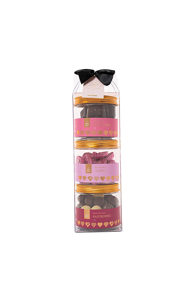 Feel the Love Gift Pack - Honeycomb/Foiled Milk Hearts/Mixed Choc Raspberry 525g