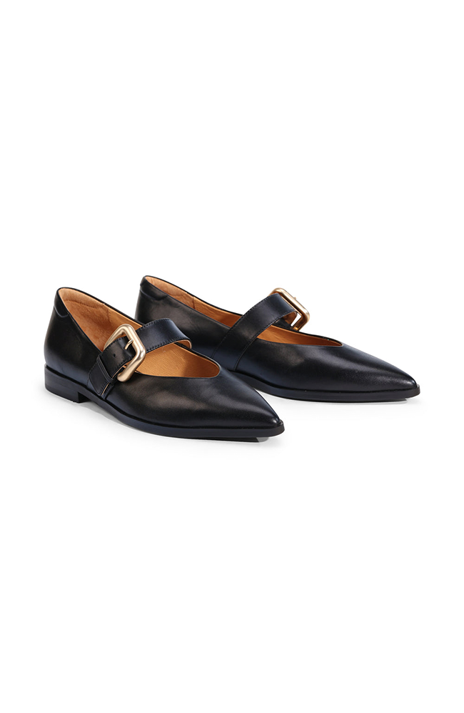 Golden Mary Jane Flat - Black