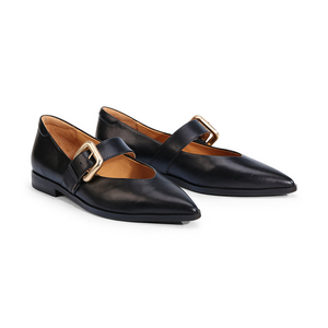 Golden Mary Jane Flat - Black