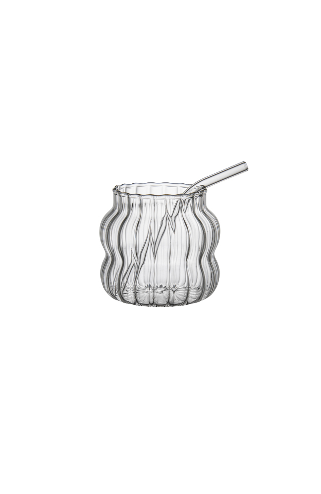 Punch Ribbed Glass Cup with Straw - Small