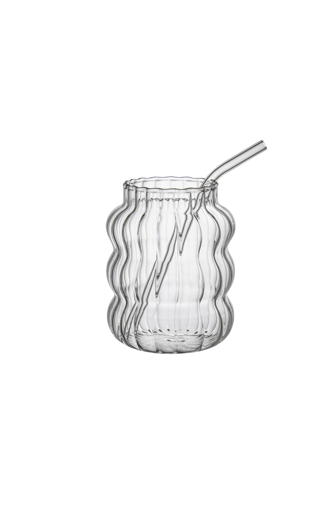 Punch Ribbed Glass Cup with Straw - Medium