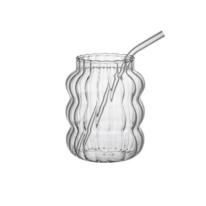 Punch Ribbed Glass Cup with Straw - Medium