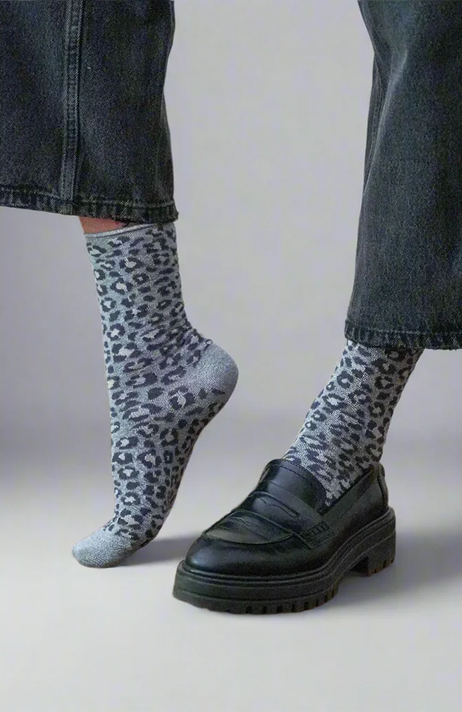 Glitter Lurex Socks - Leopard Grey