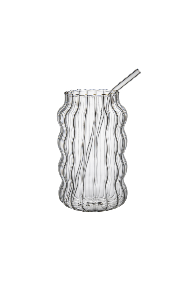 Punch Ribbed Glass Cup with Straw - Large