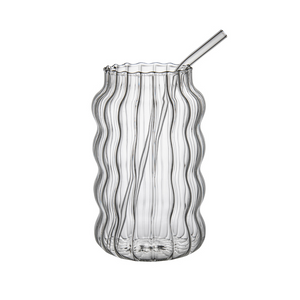 Punch Ribbed Glass Cup with Straw - Large