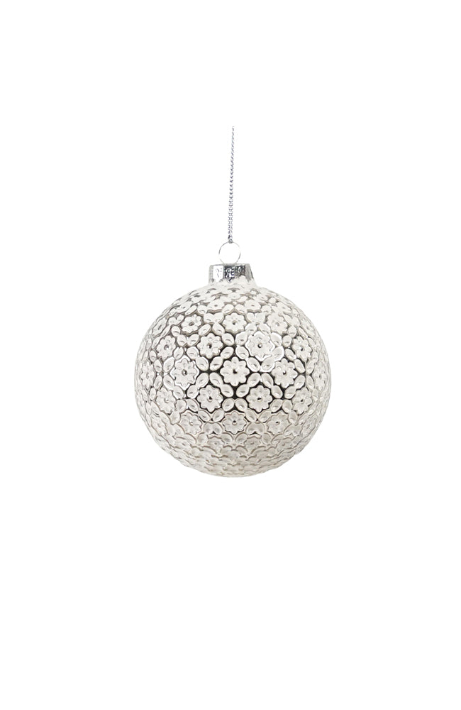 Embossed Flower Silver/White  Bauble